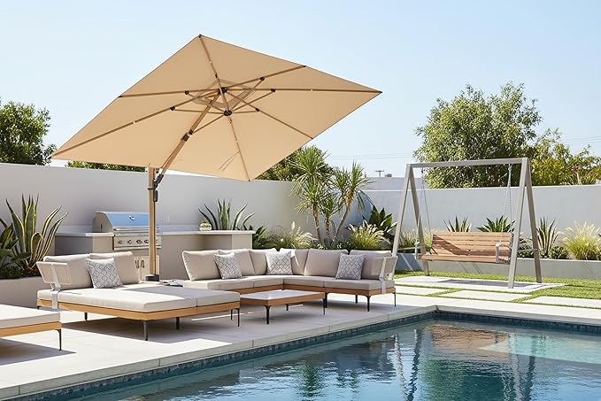 PURPLE LEAF 7 Pieces Patio Furniture Set with 9' X 12' Cantilever Umbrella Daybed Tables Outdoor Wicker Sectional Conversation Sets Modern Aluminum L Shaped Sofa for Balcony Yard Garden Poolside