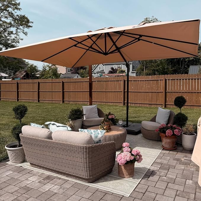 PURPLE LEAF 10' X 10' Patio Cantilever Umbrella with Base Included Antique Bronze Square Outdoor Umbrella with 360° Rotation and Aluminum Offset Hanging for Garden Backyard Pool, Taupe