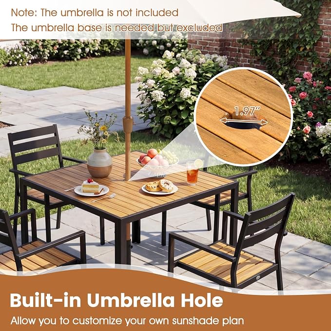 Tangkula 36" Square Patio Dining Table for 4, Acacia Wood Outdoor Table with Slatted Top, 1.97" Umbrella Hole and Heavy Duty Metal Frame, Outside Table for Porch, Garden, Backyard, Deck and Poolside