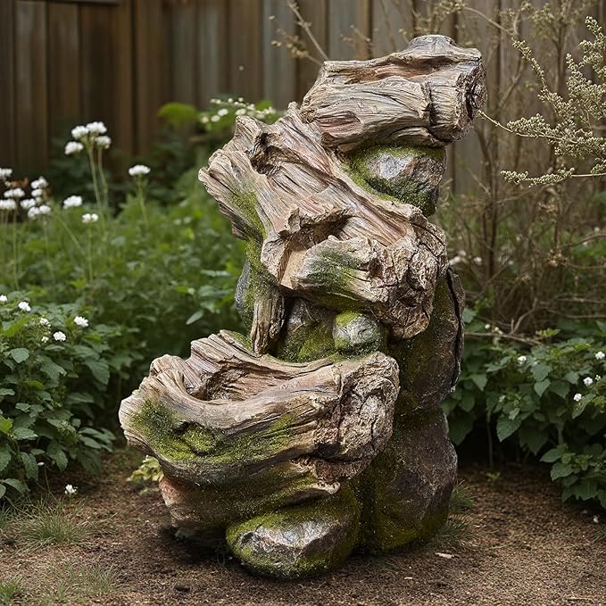 20-Inch Outdoor Water Fountain, 3-Tier Cascading Faux Wood Tree Trunk Resin Waterfall Fountain with 3 Warm LED Lights, Water Feature Decor for Garden, Yard, Patio, Deck, Porch or Lawn in Gray