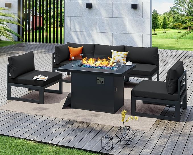 NICESOUL 6 Piece Modern Oversized Grey Aluminum Outdoor Patio Furniture Set with Fire Pit Table, 29" Deep Wide Seating Conversation Sofa, 500 lbs Heavy Duty Comfy Sectional Couch for Backyard, Black
