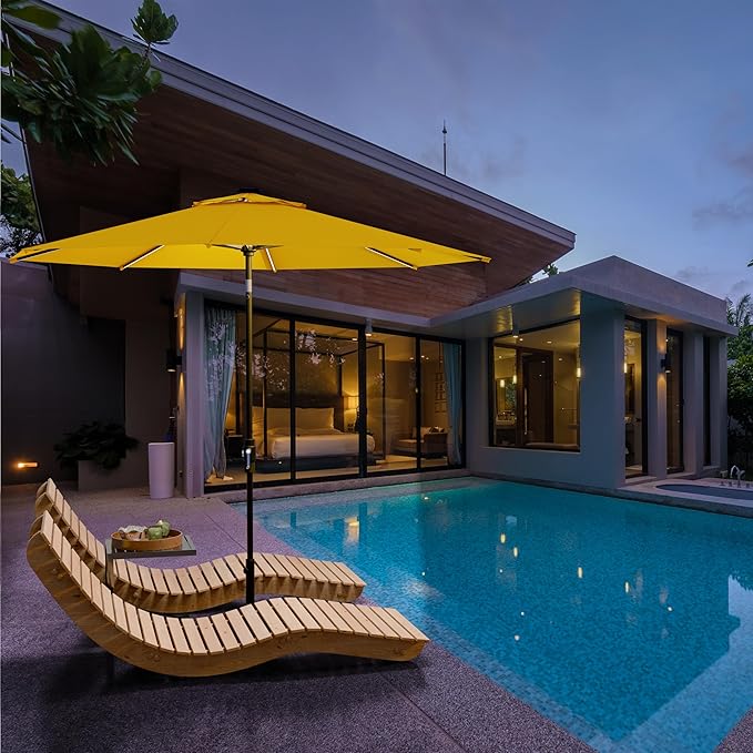Midtown Umbrellas The LED Swilt 8 Feet Patio Umbrella With Terylast Sunflower (Yellow) Polyester Fabric - Auto-Tilt Aluminum Frame With LED Lights For Backyard, Deck, Garden, Pool - Black Pole