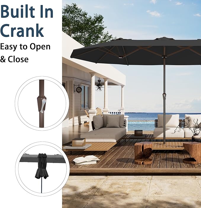 PatioKingdom 15FT Large Patio Umbrella with Base, Double Sided Rectangular Outdoor Umbrella with Sturdy Fiberglass Ribs, Market Umbrella for Pool,Garden,Backyard,Deck (Black, 15FT)