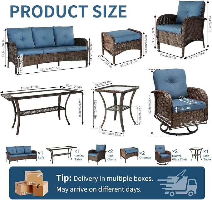 All Weather Patio Furniture Set, High Back Swivel Rocker Glider Chairs，Ottomans & Glass Tables, Outdoor Conversation Set for Deck Porch Yard Poolside (Blue, 9PCS-Swivel Chairs&Chairs&Sofa&Tables)