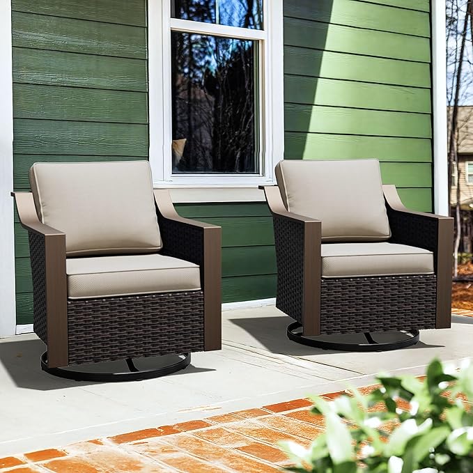 Patio Metal Swivel Chairs Set of 2, Wicker Conversation Furniture Set, Upholstered & 360 Degree Glider Rockers Armchairs, PE Rattan, Metal armrests, Terrace (Beige and Brown Stripe)