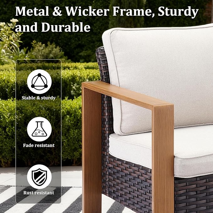High Back Patio Furniture Set with Fire Pit Table, 4-Pieces Outdoor Furniture with Metal Arm Swivel Chairs, Wicker Conversation Set for Porch, Balcony, Deck and Yard, Beige