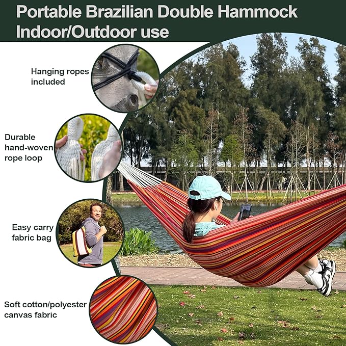 JoyView Brazilian Double Hammock with Hanging Ropes Extra Large 86.6x59” Portable Cotton Hammock for Patio Backyard Porch 450LBS Weight Capacity Perfect for Outdoor/Indoor - Blue & Green Stripes