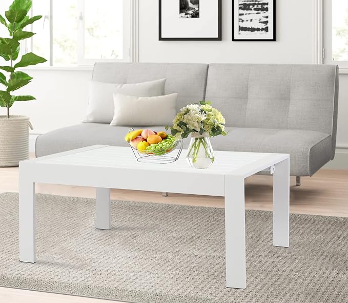 Kiss the Water Aluminum Patio Coffee Table – All-Weather Outdoor Table with Sturdy Metal Frame, Perfect for Backyard, Porch, Garden, Poolside, and Balcony, White