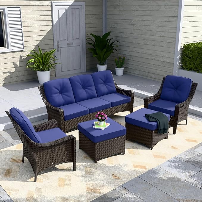 Stone Creek Outdoor Furniture Set with Patio Chairs, 3 Seater Couch & Ottomans, Wicker Patio Conversation Set, Balcony Furniture, 5 Piece, Brown/Blue