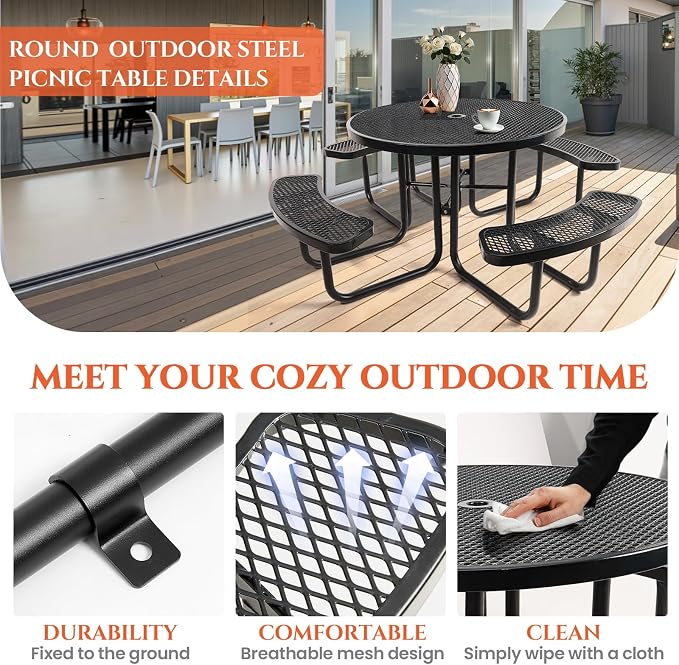 46IN Round Outdoor Picnic Table with Attached Seats, Heavy-Duty Metal Expanded Mesh Patio Table, 1600LBS Load Capacity Commercial-Grade Table for Park, Backyard, Deck, Black