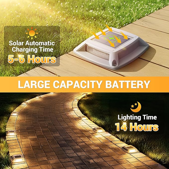Solar Driveway Lights 6 Pack, Solar Powered IP68 Waterproof Dock Lights, 4 LED Driveway Markers Deck Light for Dock, Pathway, Walkway, Sidewalk, Garden, Yard, Stair, Marine Use (Warm)