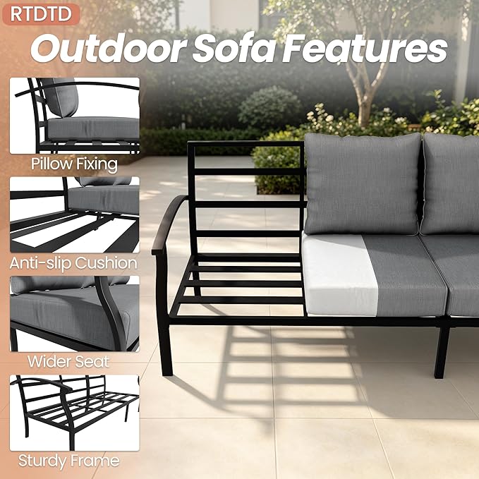 Metal Patio Furniture Set,6 Pieces 7 Seats Patio Sectional Outdoor Furniture Set with Rectangular Coffee Table,Patio Conversation Sets with 5.1" Thickened Cushions,Grey