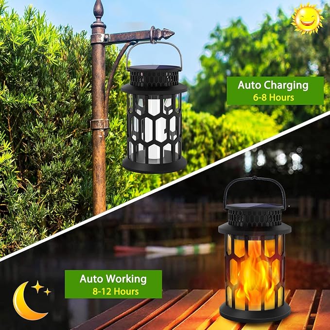 Solar Lights for Outside, Upgraded Solar Lanterns Flickering Flame Outdoor Waterproof Hanging Lanterns Decorative Solar Powered Outdoor Lighting LED Flame Garden Lights for Patio Deck Yard, 4 Packs