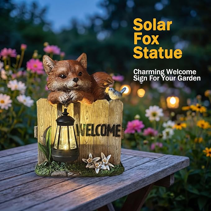 Garden Fox Welcome Sign with Solar LED Lantern, Outdoor Decorative Statue with Bird and Flowers for Porch, Patio or Garden
