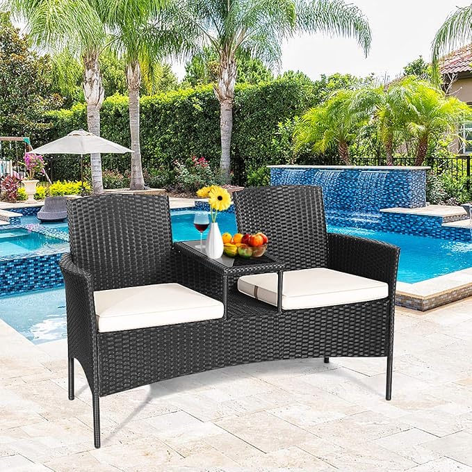 DORTALA Outdoor Patio Loveseat, Wicker Conversation Set with Cushions and Built-in Coffee Table, 2 Person Rattan Seating for Garden Lawn Backyard, Black+White