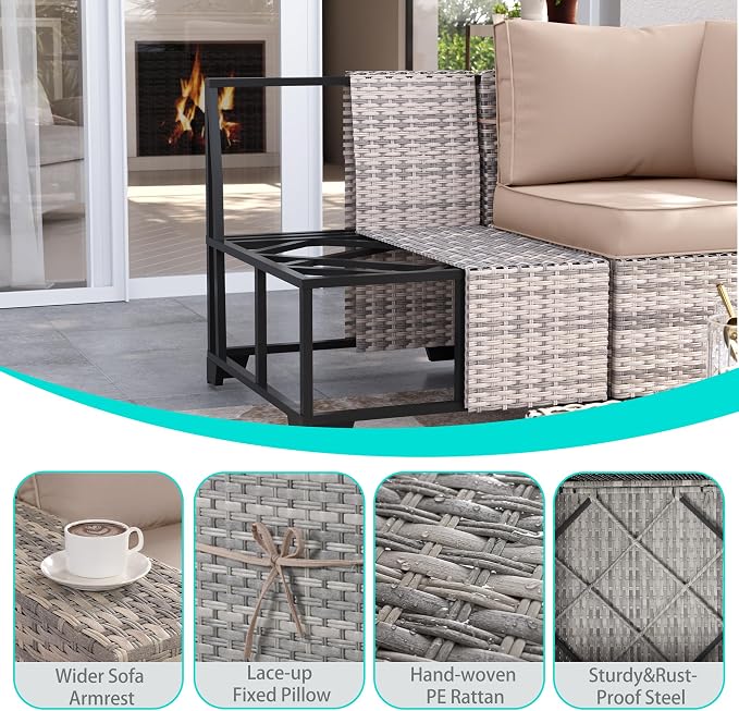 12-Piece Outdoor Patio Furniture Set with Rocking Swivel Chair, PE Wicker Rattan Sectional Sofa 55,000 BTU Fire Pit Table Patio Conversation Set with Ottomans and Chunky Arms, Beige