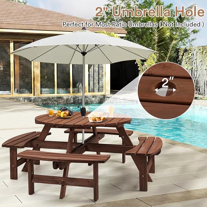 Zevemomo 8 Person Wood Picnic Table, Round Tabletop with Umbrella Hole, 4 Integrated Curved Benches, 2220LBS Overall Capacity for Patios, Backyard, Rustic Brown