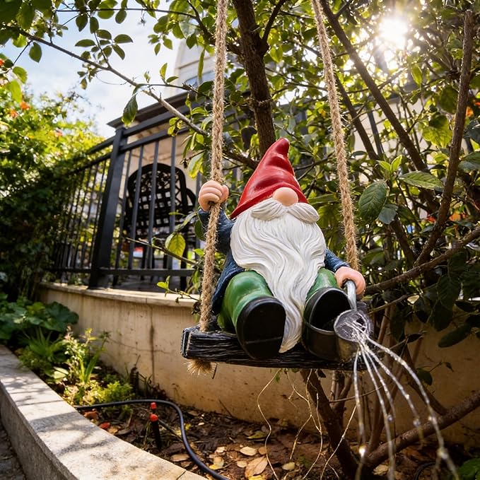Hanging Garden Gnomes Statues Solar Watering Can Fairy Lights, 6.7''H Swings Gnome Cascading LED Decor for Yard Balcony Backyard Tree Outside, Housewarming Birthday Gifts for Woman Mom Grandma