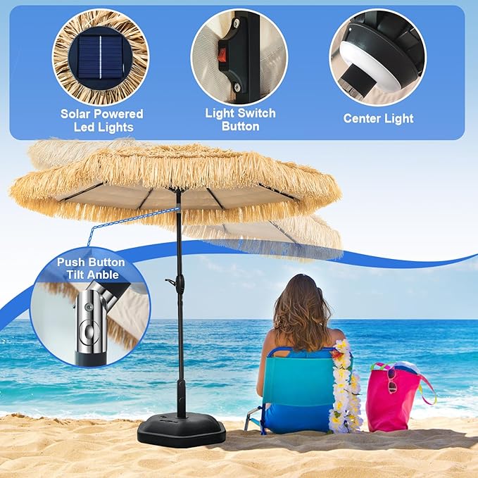 9 ft Tiki Umbrella with 32 LED Lights, Outdoor Patio Umbrella with Solar Lights, Tropical Vibes Thatched Umbrellas with 8 Ribs, Tilt Adjustment, Manual Crank, UPF 50+ for Pool, Beach, Backyard,Garden
