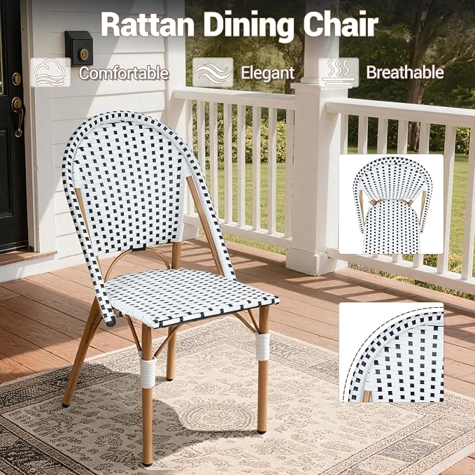 5-Piece Patio Dining Set, Outdoor French Country Bistro Table and Chairs, All-Weather Wicker Square Table & 4 Chairs w/Metal Frame, for Backyard Balcony, Black/White