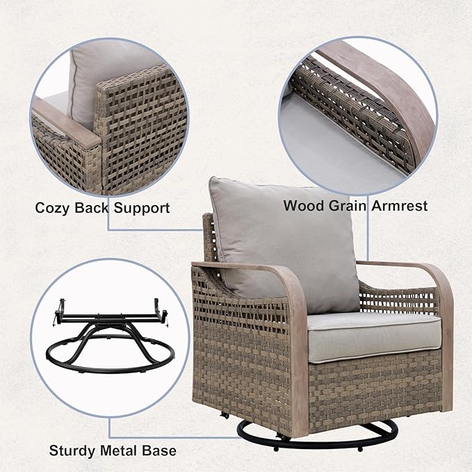 COOS BAY Modern Wicker Outdoor Furniture Set, 5 Piece Patio Conversation Set with 2 Swivel Rockers, a 3 Seat Couch and 2 Ottomans, 5 Piece, Brown/Gray
