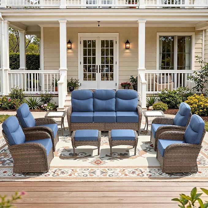 9-Piece Luxury Patio Furniture Set with 6-Inch Thick Cushions, High-Back Outdoor 4 Swivel Rocking Chairs with Wicker Side Table, All-Weather Conversation Set for Porch, Deck, Yard or Poolside – Blue