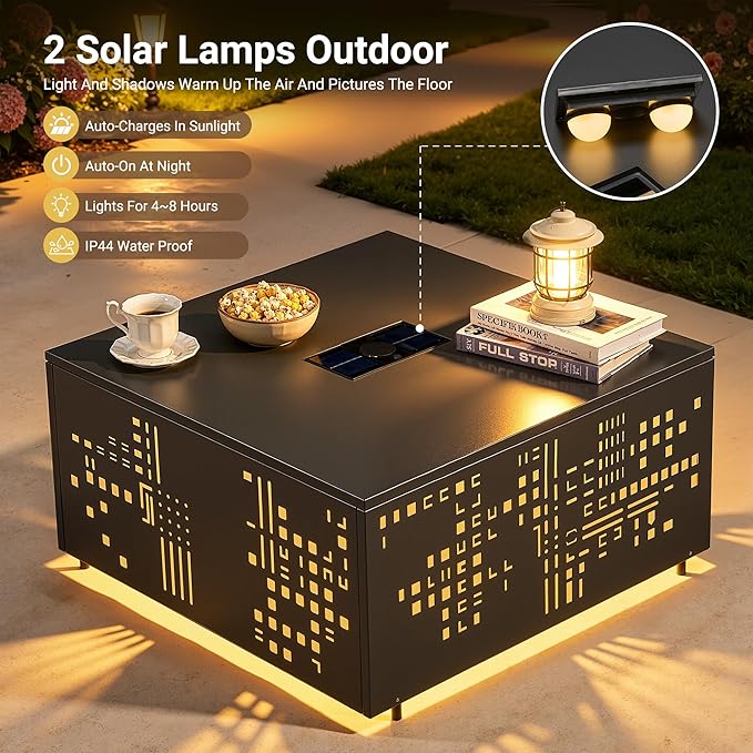 HOOOWOOO Outdoor Patio Solar Table with Umbrella Hole,Metal Coffee Side End Table,Umbrella Table with 2" Hole for Yard,Deck,Porch,Garden(Square Black)