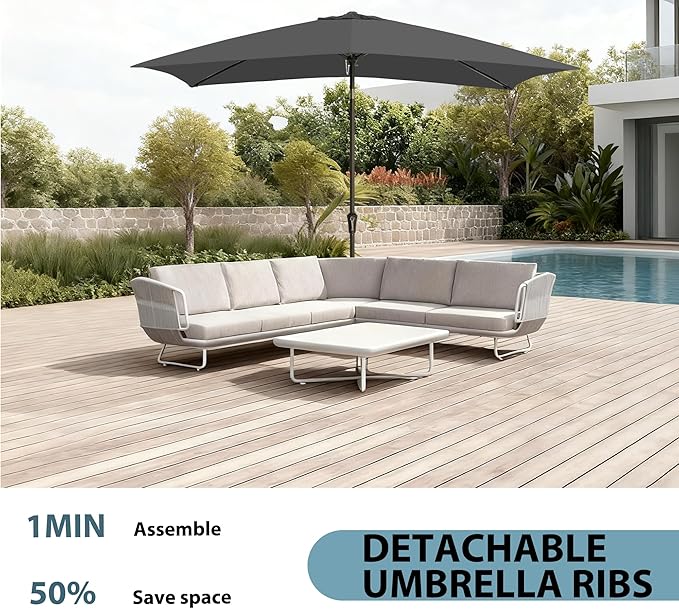 6.5x10FT Rectangular Patio Umbrella with Push Button Tilt & Crank Lift for Garden,UV Protection Outdoor Umbrella for Deck,Pool and Yard,Grey