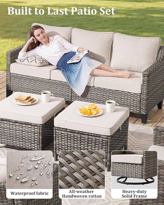 Outdoor Furniture Set of 6, Patio Chairs with Luxury 4" Cushion, Wicker Swivel Rocker Patio Chairs, and Side Table, High Back&Deep Seat for Garden Deck Porch Balcony Backyard - Beige