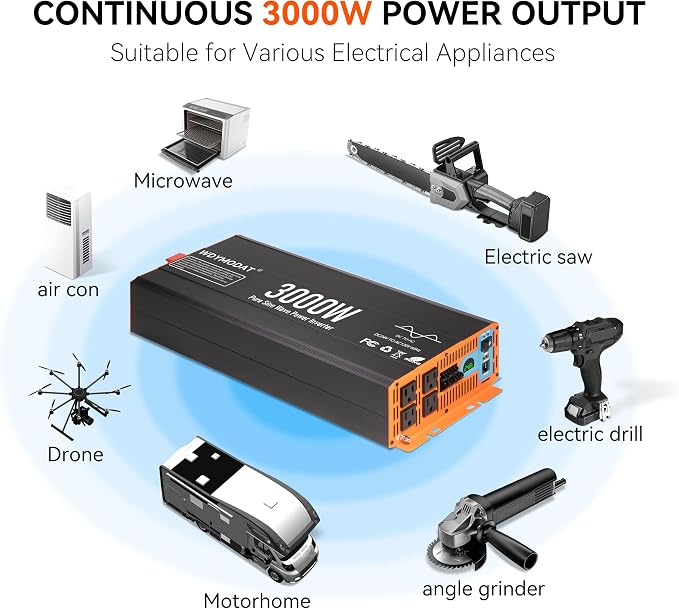 3000W Pure Sine Wave Inverter,24V DC to 120V AC Car Power Inverter 6000W Peak with 4 AC Outlets, 3.0A USB and Type-C, LCD Display 16.5 ft Remote Control for RV Truck Travel Solar Emergency