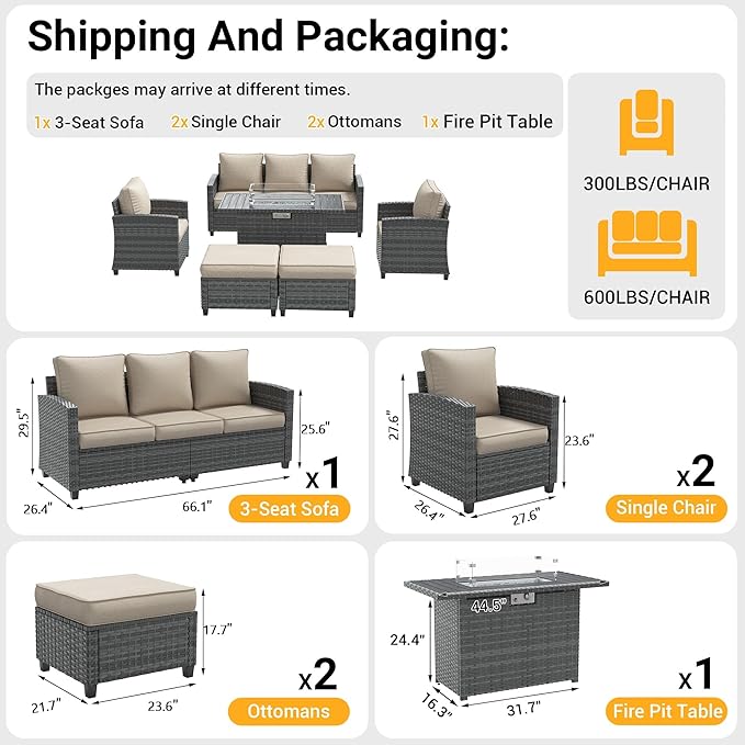 6 Pieces Patio Furniture Set with 44" Gas Fire Pit Table, Outdoor Sectional Conversation Sets, All-Weather Wicker Rattan Sofa w/Gas Fire Pit, Ottoman, Thick Cushion Khaki