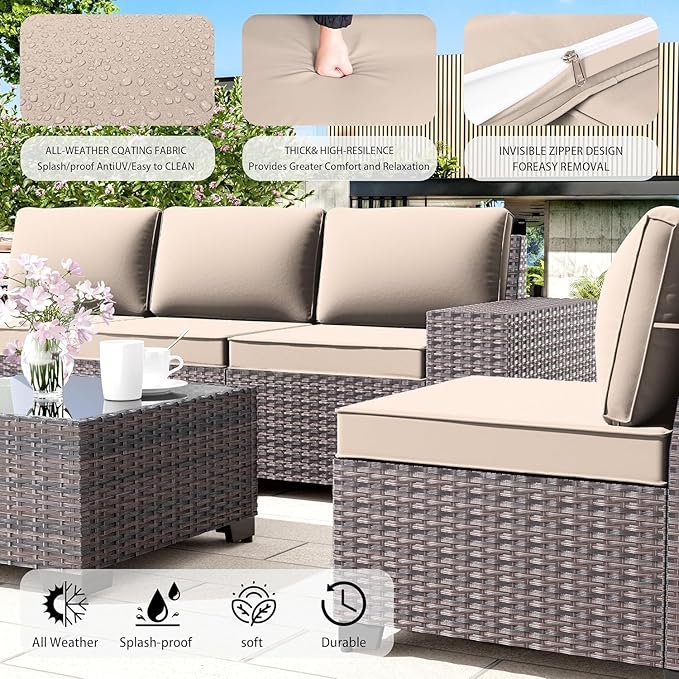 8 PCS Outdoor Patio Furniture Set,Outdoor Sectional Furniture All Weather PE Rattan Wicker Patio Conversation Set with 2 Ottomans and Coffee Table,Sand