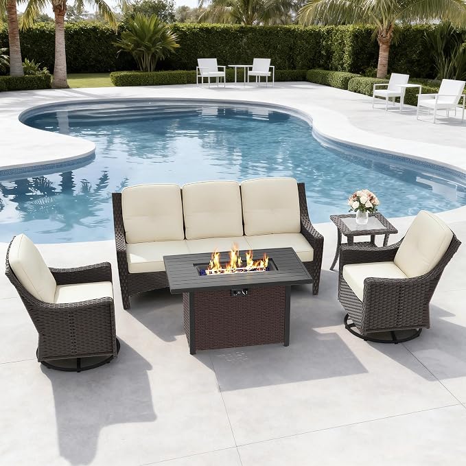 5-Piece Patio Furniture Set, Featuring a fire Pit Table, Rattan Swivel Chairs, Patio Sofa, and Side Table. Ideal for backyards, patios, and Poolside Areas.