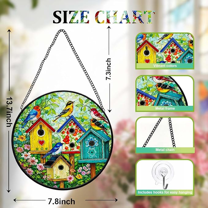 Stained Glass Window Hanging - 7.8 Inch Colorful Birdhouse Sun Catcher, Suncatcher Windows Hanging Wall Decor, Birthday Gifts for Bird Lovers, Women, Mom, Wife, Grandma and Family