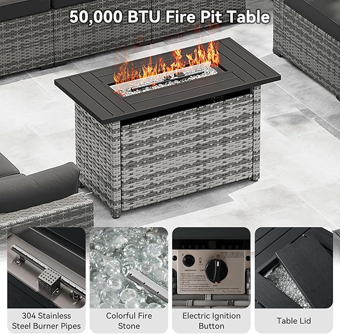 LazySunsets 15-Piece Patio Furniture Set with 44" Fire Pit Table, Wicker Outdoor Furniture, Patio Conversation Sets with Coffee Table, Outdoor Sectional Couch with Waterproof Cover, Black