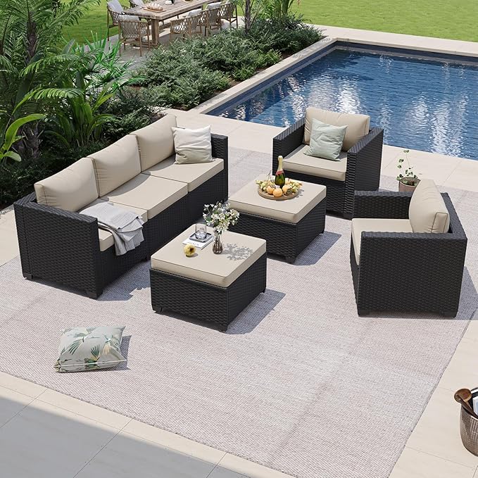 Aoxun Patio Furniture Set, 5 Piece Outdoor Sectional Sofa with Ottomans, Wicker Outdoor Furniture Conversation Sets with Waterproof Cover for Backyard Beige
