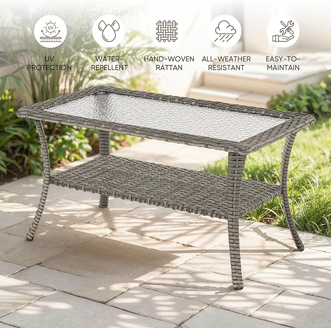 Patio Loveseat Glider Set, Resin Wicker Loveseat Glider with 4 Swivel Patio Chiars Coffee Table 2 Side Table, 8 Piece Patio Conversation Loveseat Set, Grey Wicker|Grey Cushions