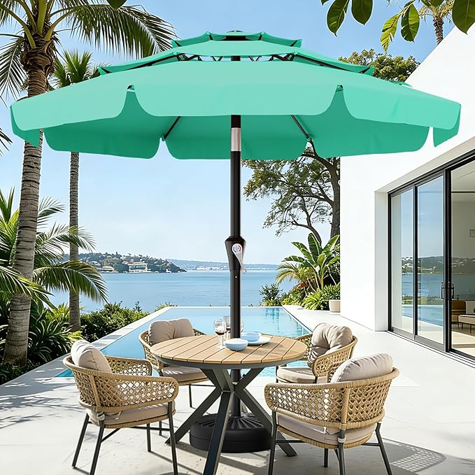 AreShark 9FT 3-Tiers Patio Umbrella with Valance, Outdoor Umbrellas with Crank/Tilt, Table Market Umbrella Vented w/ 8 Sturdy Ribs for Garden, Deck, Backyard, and Pool, Aqua Sky