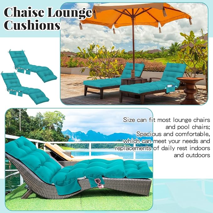 Kigley 2 Pcs Outdoor Chaise Lounge Cushions with 3 Side Pocket 74.5 x 22 x 4.7 Inch Patio Chaise Lounge Cushion, Water-Repellent and Fade-Resistant Tufted Summer Replacement(Royal Blue)
