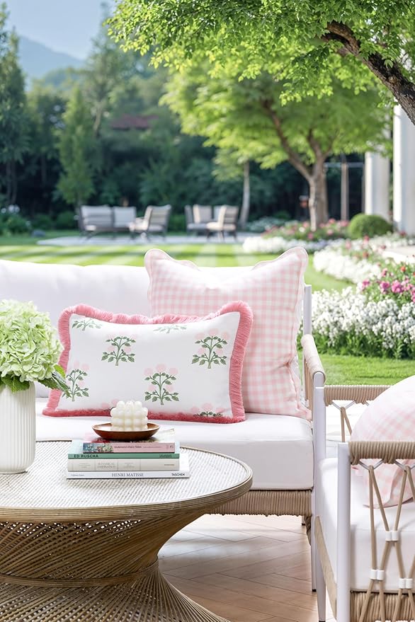 Hofdeco Premium Grandmillennial Patio Indoor Outdoor Lumbar Pillow Cover Only, 12"x20" Water Repellent for Backyard, Couch, Poolside, Blush Pink Green Print Hydrangea Flowers