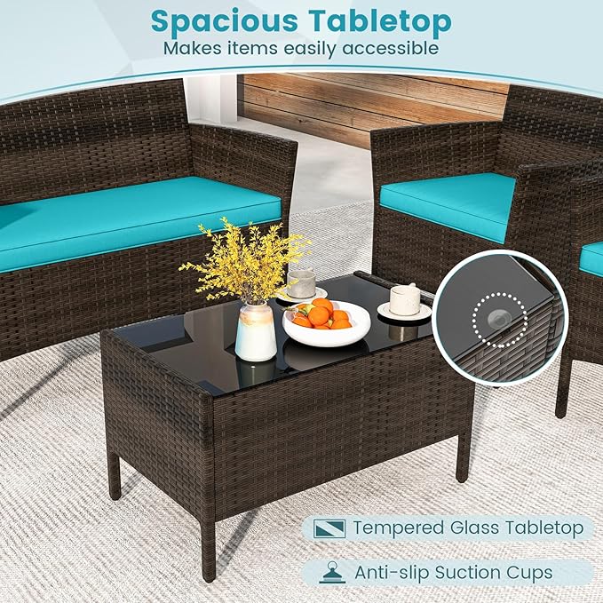 DORTALA 4-Piece Rattan Patio Furniture Set, Outdoor Table & Chair Set with Tempered Glass Coffee Table, Cushion, Wicker Conversation Set for Garden, Lawn, Poolside and Backyard, Turquoise