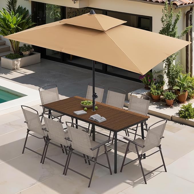 Crestlive Products 9 Piece Patio Dining Set, 70" Walnut Metal Outdoor Table and 8 Folding Chairs, with Umbrella Hole for Porch Poolside Yard Garden, Beige