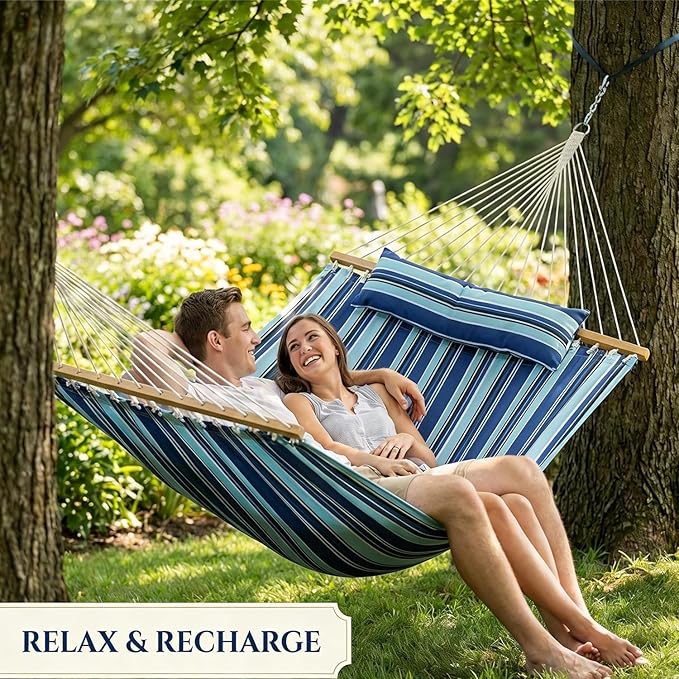 Ferrisland Double Hammock for Outside, Blue Green Striped Soft Hammock for Indoor Outdoor Patio Yard Garden and Balcony, 550 lbs Weight Capacity Portable Hammock with Carrying Bag (Blue Green Striped)