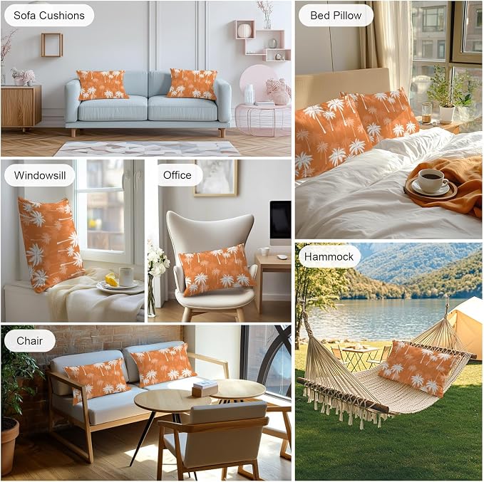 Lumbar Pillow Covers 20x12 Inch Set of 2, Tropical Palm Tree Waterproof Outdoor Pillow Covers, Orange White Plants Coastal Leaf Beach Decorative Cushion Pillowcases for Couch, Sofa, Bed, Garden, Patio