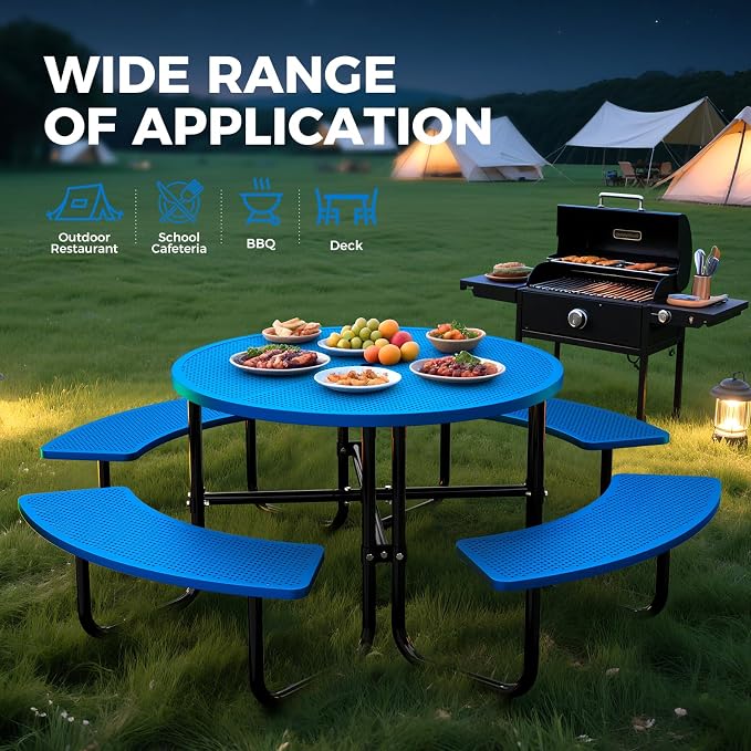 83" Round Heavy Duty Picnic Table for Outdoors Commercial Camping Table with Umbrella Hole up to 1.78" Blue Coated Steel Frame Waterproof Rust Resistant 3200 lbs Load Capacity