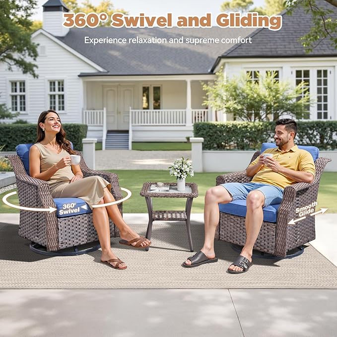 Outdoor Swivel Rocking Chair Set (9PCS), Rocking Chair with Sofa and Coffee Table Set, Crafted from PE Rattan with an Elegant Side Table, Ideal for Gardens and Patios, Brown/Blue