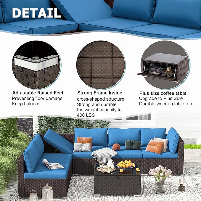 7 Piece Patio Furniture Set with Adjustable Bracket Wicker Rattan Patio Conversation Sets Outdoor Sectional Sofa Set with Wood Table and Cushions for Porch Lawn Garden, Blue