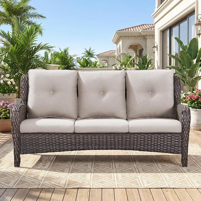 Belord Patio Sofa Luxury PE Wicker 3-Seater Outdoor Couch, Modern All-Weather High Back Deep Seat Woven Furniture Set for Porch, Deck, Balcony, Backyard - Brown/Beige