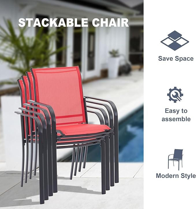 VICLLAX 7 Pieces Patio Outdoor Dining Set, 63" Outdoor Rectangular Metal Dining Table with Umbrella Hole and 6 Stackable Textilene Chairs for Lawn, Garden, Porch, Black/Red