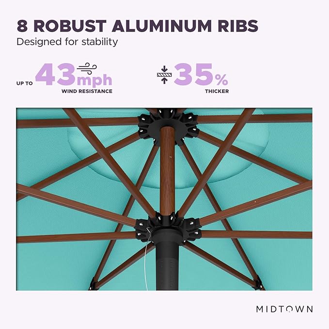 Midtown Umbrellas The Wooden 10 Feet Patio Umbrella With Sunbrella Aruba Acrylic Fabric - Aluminum Frame Market Umbrella For Backyard, Deck, Garden, Pool - Wooden Pole